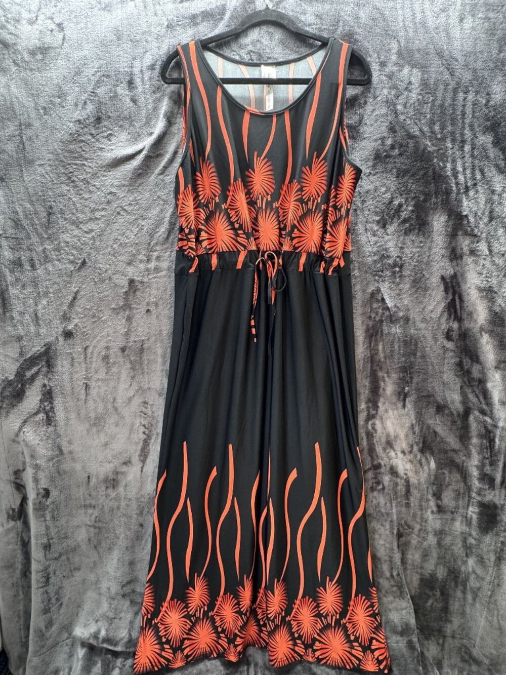 Bella Berry 2X Maxi Dress Black and Orange Floral Sleeveless Drawstring Boho